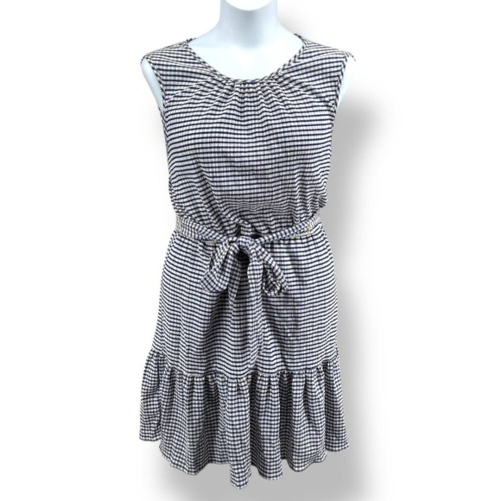 DKNY Navy Gingham Seersucker‎ Dress 16W Belted Tiered Fit Flare Spring NWT